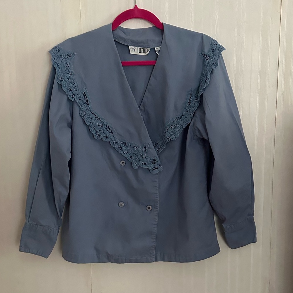 Vintage Speigel Together Shawl Collar Lace-Trimmed Blouse 1980s Grandmacore
